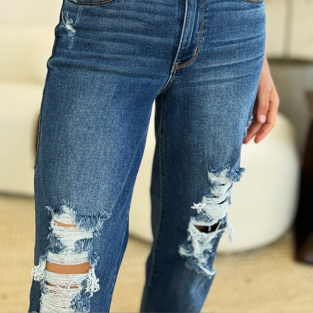 Mid-Rise Distressed Torn Mom Jeans Straight Leg Raw Hem Denim Pants Judy Blue - Picture 8 of 16